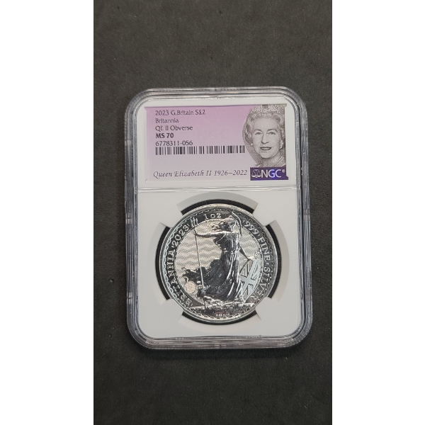 2023 NGC QE II Obverse MS 70 Great Britain £2 1 Oz 999 Fine Silver Britannia Coin