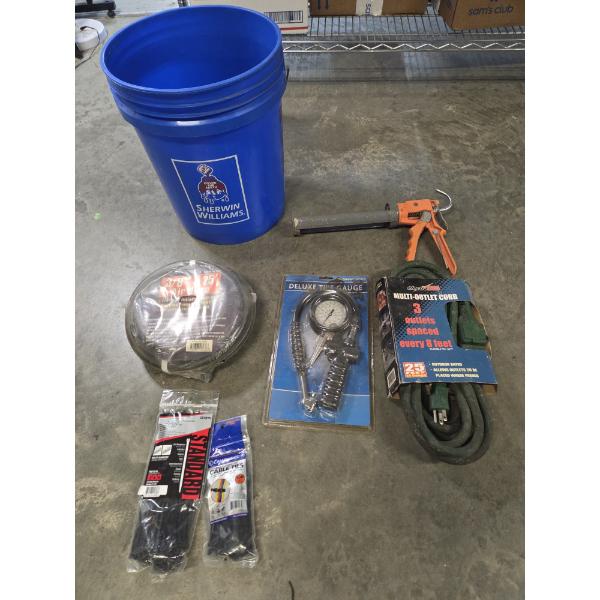 Sherwin Williams 5 Gallon Bucket, New 25' Air Hose, Zip Ties, Caulk Gun, Deluxe Tire Gauge & Multi O