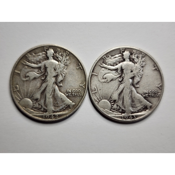 Two Walking Liberty 90% Silver Half Dollars ~ 1942-S & 1943 ~ $1.00 Face Value