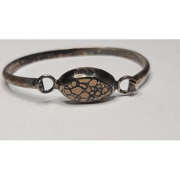 Sterling Silver Bangle Cuff Style Bracelet With Leopard Skin Jasper - Weight: 20.6g