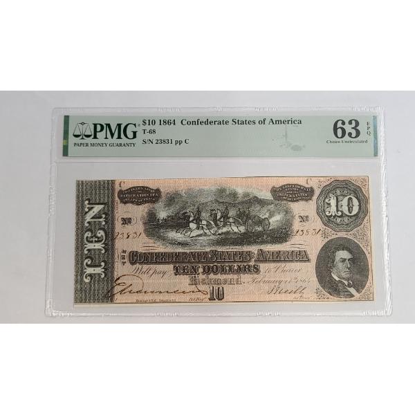 PMG 1864 $10 T-68 Confederate States Of America Note 63 Choice Uncirculated 