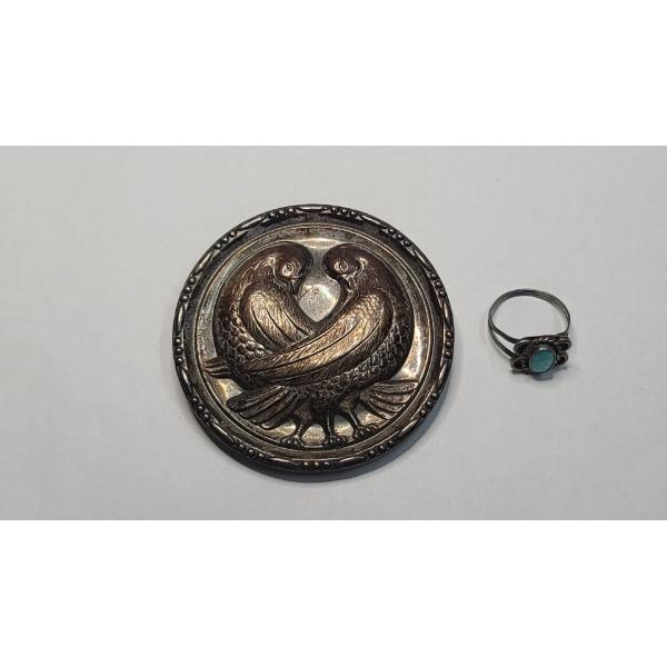 Sterling Silver Repousse Dove Love Birds Brooch & Southwestern Style Turquoise Ring - Weight: 16.9g