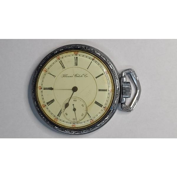 Silver Illinois Watch Co Size 16s 17J Open Face Pocket Watch - Working Condition - Weight: 88.2g