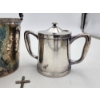 Image 3 : 3 Silver-Plated Pieces: Engraved Bucket, Creamer/Small Coffee Pot, & Cross Pendant TW: 2.0lbs