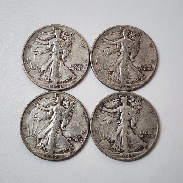 Four 1942 & 1943 United States 90% Silver Walking Liberty Half Dollars - Face Value: $2.00