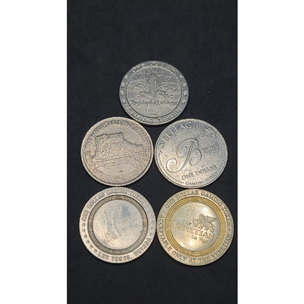 (5) Assorted Casino Tokens Featuring Bellagio, The Venetian & More
