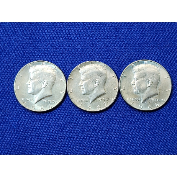 (3) Clad 40% Silver Kennedy Half Dollars: 1966, 1967, 1968