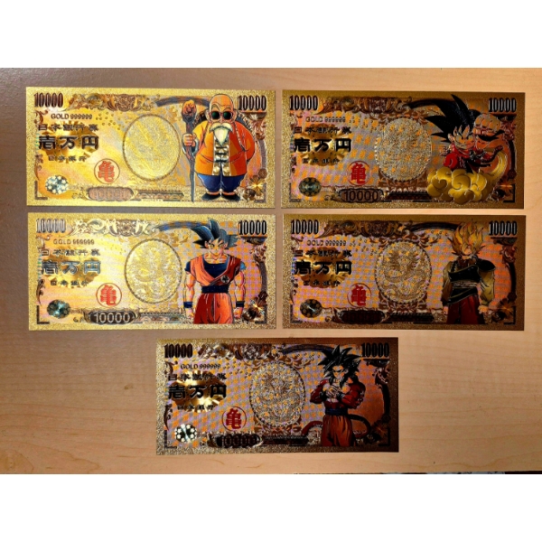 5 Pc Set Pure 24k .999 Gold Foil "Dragon Ball Z"Nippon Ginko Bank Notes - Each In Mint Condition