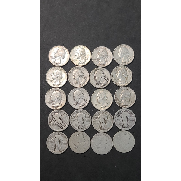 Assorted Years/Mints 90% Silver Barber, Standing Liberty & Washington Quarters - Face Value: $5.00