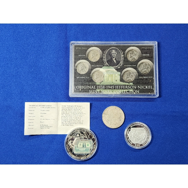 Assorted Coins: Nickel Collection, Morgan Silver Dollar, $20 Liberia Coin, Banknote Proof Coin