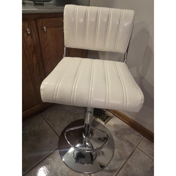 Beautiful Like New! Three White Leather Adjustable Height, Swivel Stools