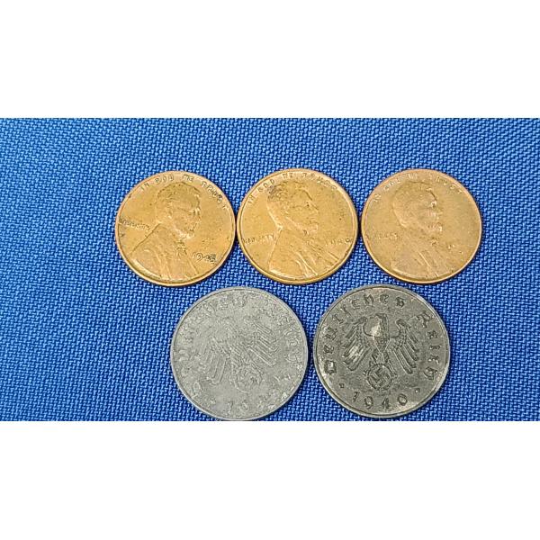 1945, 1946, 1946-S Wheat Pennies & (2) 1940 10 Reichspfennig Germany Third Reich Coins