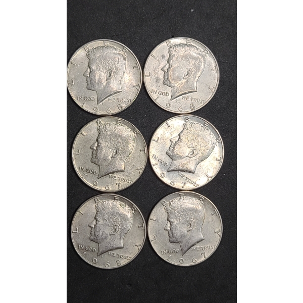 (6) 1967/1968 40% Silver Kennedy Half Dollars - Face Value: $3.00