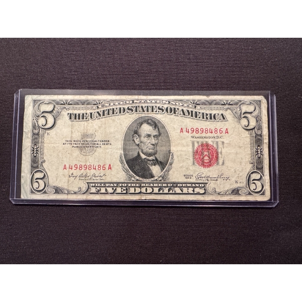 1953 United States $5.00 Red Seal Bill Abe Lincoln In Protective Holder - Excellent Condition