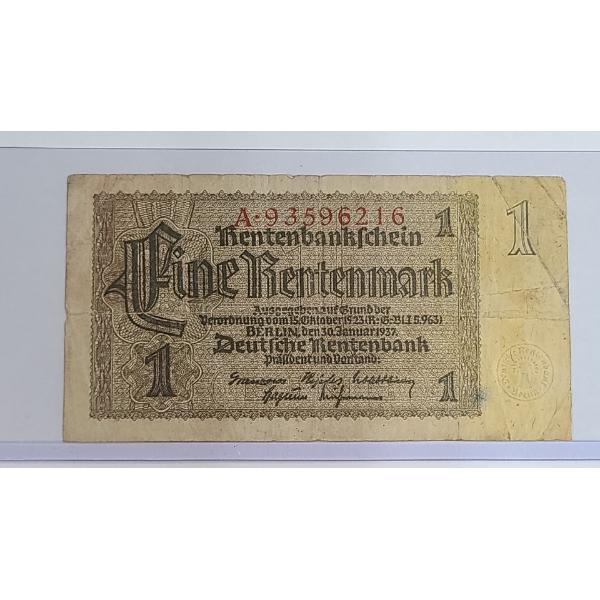 1937 German 1 Rentenmark Banknote Issued By The Rentenbank In Protective Holder