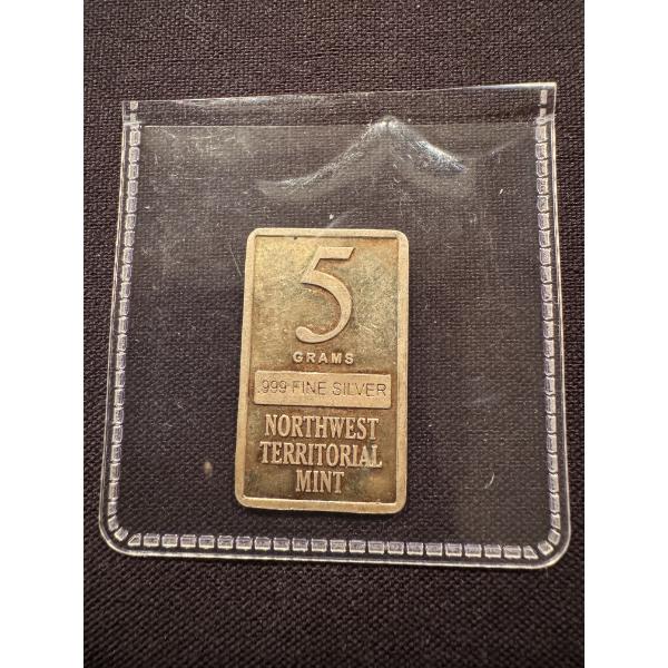 VINTAGE Rare Northwest Territorial Mint 5 Gram .999 Fine Pure Silver Bar - Mint Condition