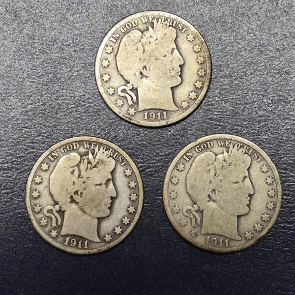 3 Pcs -  Barber (Liberty Head) 90% Silver Half Dollars - 1911 P / O / S - See PIcs