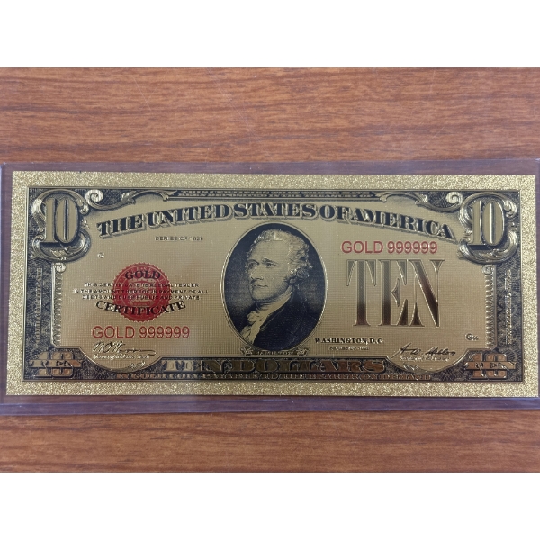 $10 Gold Certificate Gold Back .999999 - 24K Gold Back In Protective Holder - Mint Condition