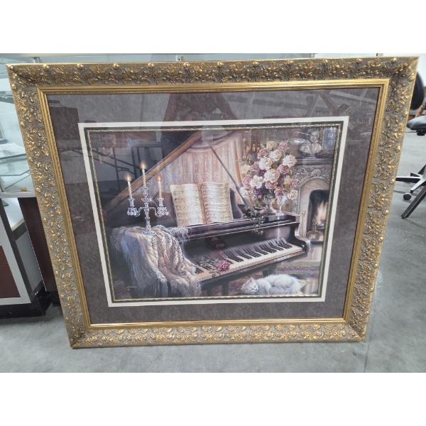 Elegant J Gibson Large 43''x37'' Original Vintage Framed "Sonata By Firelight" Print Excellent Cndt.