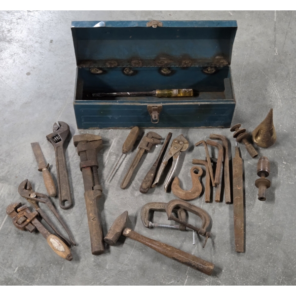 Vintage 19'' Metal Toolbox With Vintage Tools Including Wrenches, Files, Hammer And More