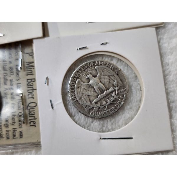 Four United States 90% Silver Quarters Ft. Three Washington & One Barber ~ $1.00 Face Value