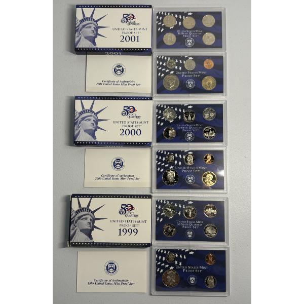 x3 United States Mint Proof Sets: 1999, 2000, 2001 -in Original Packaging w/COA
 
