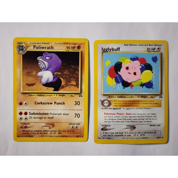 Two Vintage Pokemon Trading Cards - Rare Poliwrath 28/75 & Uncommon Igglybuff 40/75