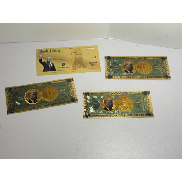 Novelty collectible banknotes featuring Bitcoin branding and images of Donald Trump - 
