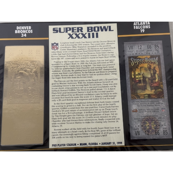 Authentic 1999 Super Bowl XXXII NFL Football Ticket & 24K Gold Plated Ticket - Mint Condition