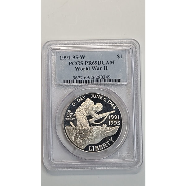 PCGS 1991-1995-W PR 69 DCAM  World War II 50th Anniversary Commemorative 90% Silver Proof Dollar