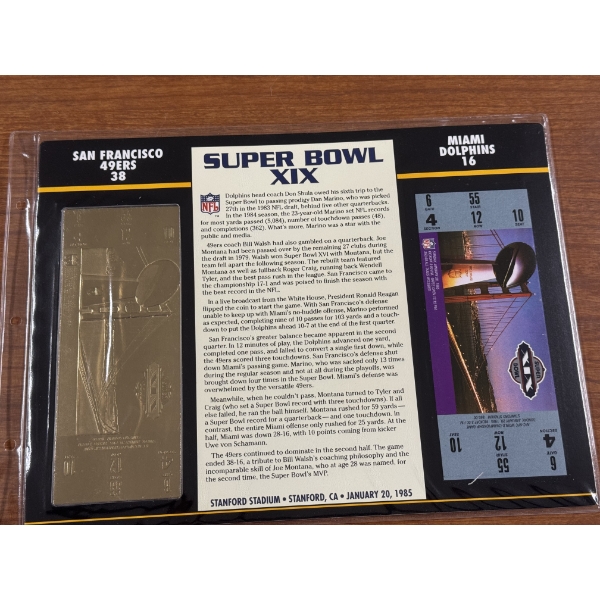 Authentic 1985 Super Bowl XIX NFL Football Ticket & 24K Gold Plated Ticket - Mint Condition