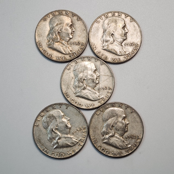 Five 1952-D United States 90% Silver Franklin Half Dollars - FV: $2.50