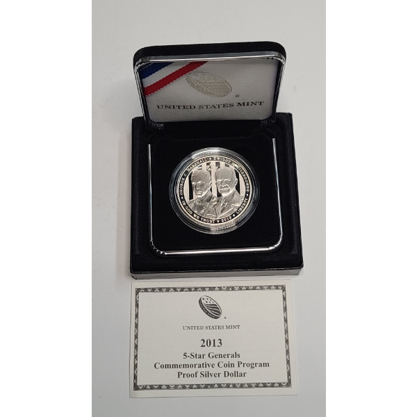 2013-P 5-Star Generals Commemorative Coin Program 90% Silver Proof Dollar In Original Box With COA