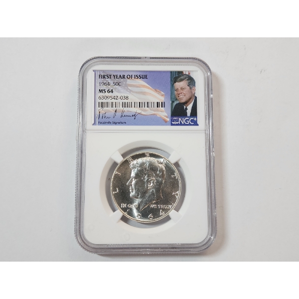 1964 Kennedy Half Dollar - 90% Silver - First Year of Issue - Graded NGC MS 64