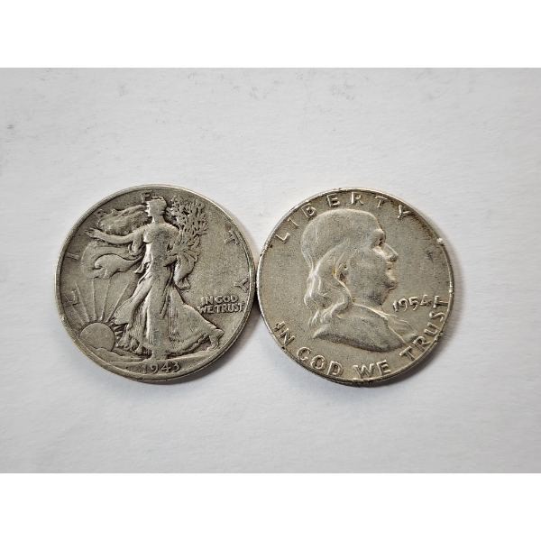 Two U.S. 90% Silver Half Dollars: 1943 Walking Liberty & 1954 Franklin FV: $1.00