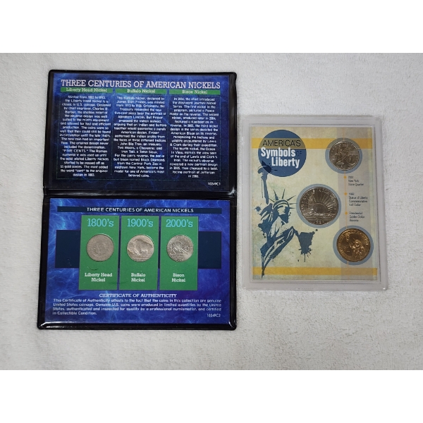 Two United States Coin Displays ~ Three Assorted Nickel Display & Symbols of Liberty Display