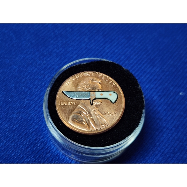 Unique C.W. Shoemaker Handmade Miniature Fixed Blade Knife In 2007 Lincon Cent