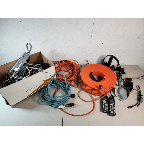 Lot of Extension Cords, Power Strip, Headphones, Lamp, Cordless Phones & More!
