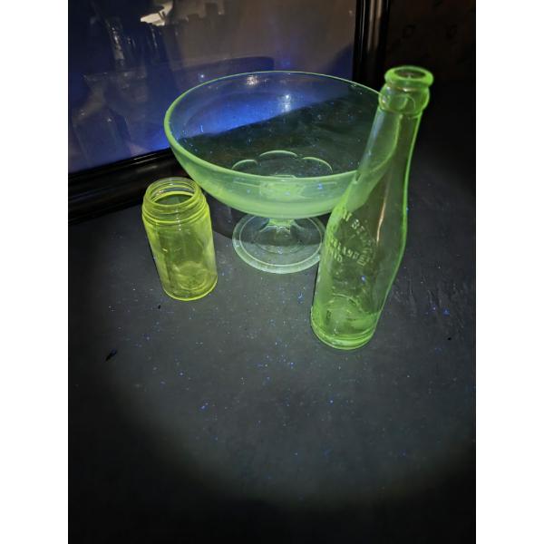Vintage UV Reactive Glassware Including Bottle, Cup & Bowl