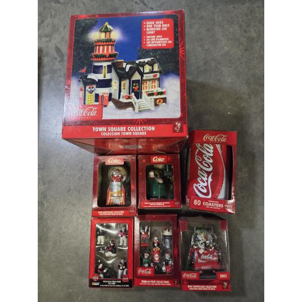 New! Coca Cola Collectables Including, Coaster Set, Lighted Town Square & Ornaments