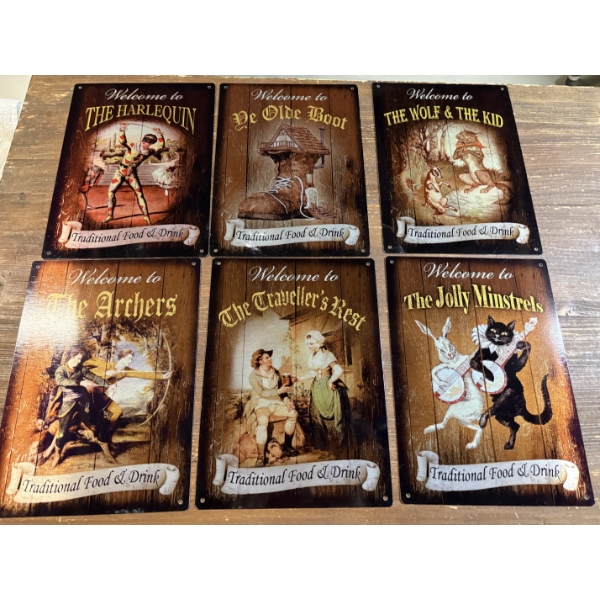 6 Tin 12''x9'' Decorative Welcome Signs -  includes the Harlequin - De Olde Boot 