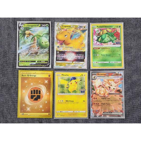 Lot of Six Assorted Holo Rare Pokemon Trading Cards Ft. Dragonite, Radiant Venusaur & Pikachu