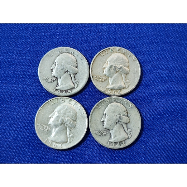 x4 Assorted Years U.S. 90% Silver Washington Quarters FV: $1.00