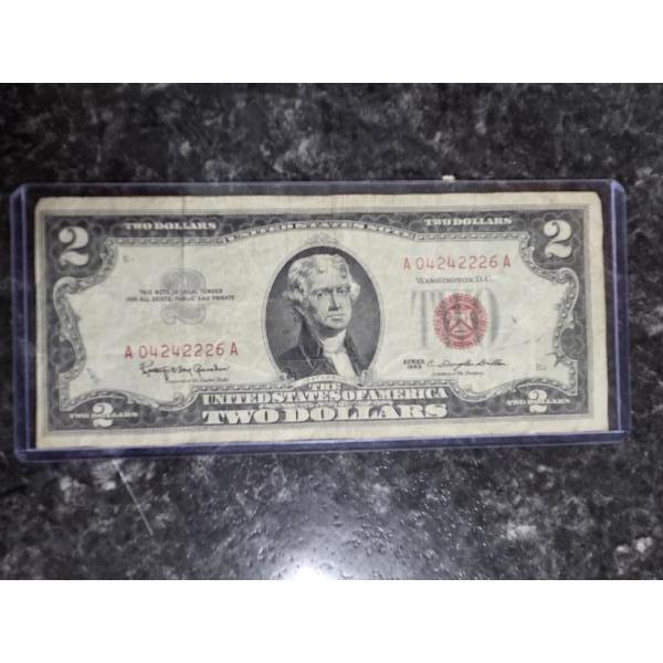 1963 Red Seal US Two Dollar Bill In Great Condition In Plastic Protective Holder