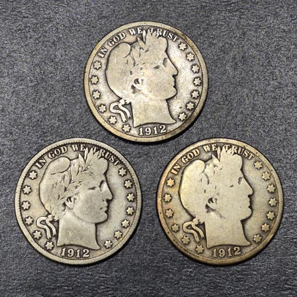 3 Pcs  - Barber (Liberty Head) 90% Silver Half Dollars - 1912 P / O / S - See Pics
