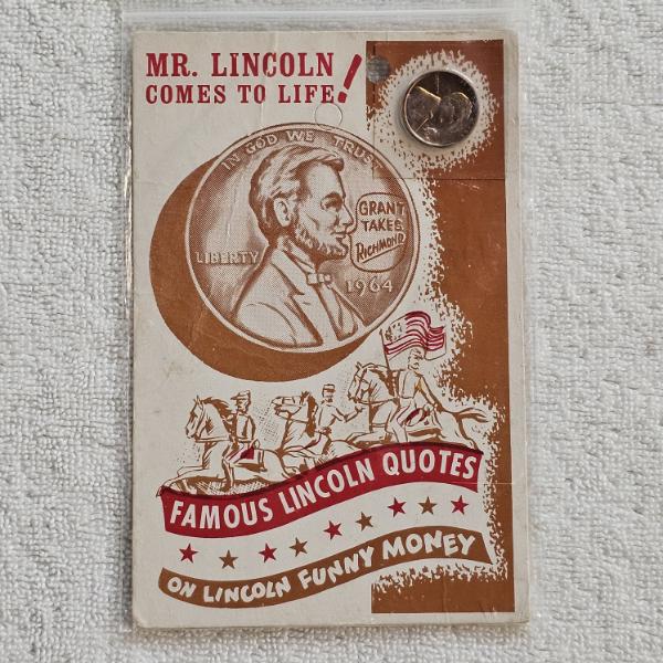 Lincoln Funny Money Novelty Coin Card, Featuring a Unique Engraved 1964 Lincoln Penny
