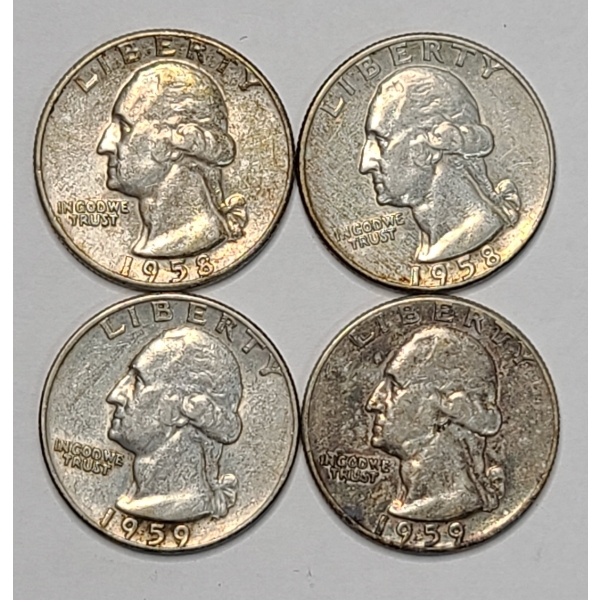 (4) United States 90% Silver Washington Head Quarters - 1958, 1958-D, 1959, 1959-D