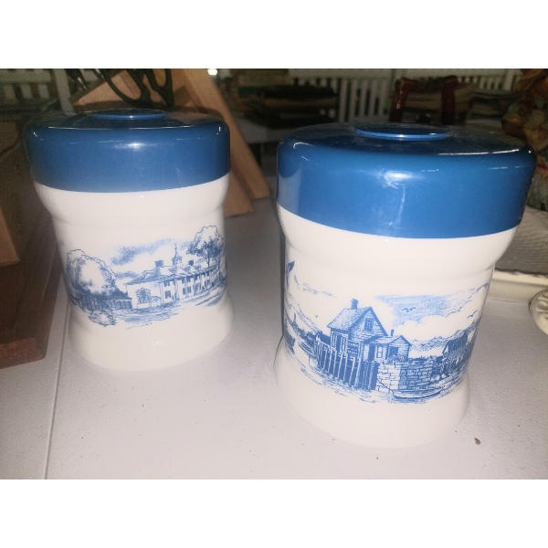 2pc Delft Themed Milk Glass Cannisters - See pics