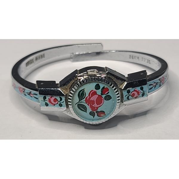 Vintage Eden Swiss Made 17 Jewel Bangle Watch Blue Enamel Floral Cover Flip Cover - Untested