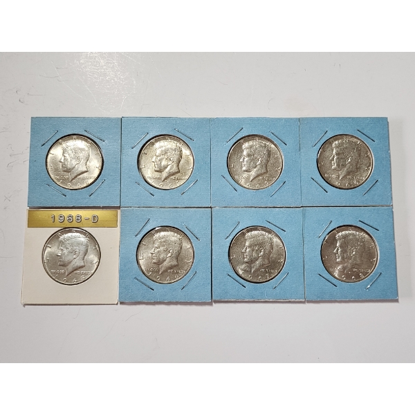 x8 Assorted Years 40% Silver Kennedy Half Dollars FV: $4.00